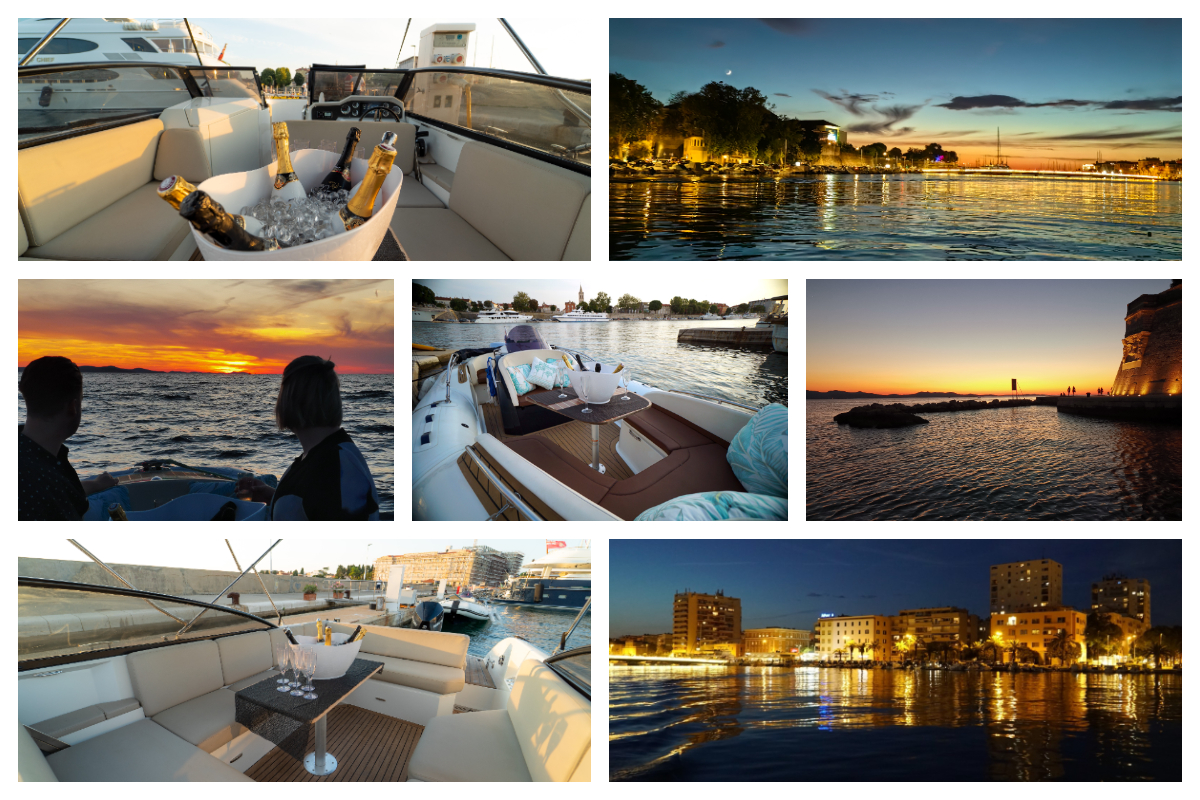 Shared sunset & night cruise Zadar with unlimited sparkling wine – group boat tour at golden hour, Sea Organ by night and city lights